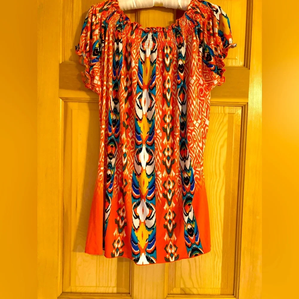 Madison Orange Patterned Stretchy Ruffle Top - Picture 2 of 3